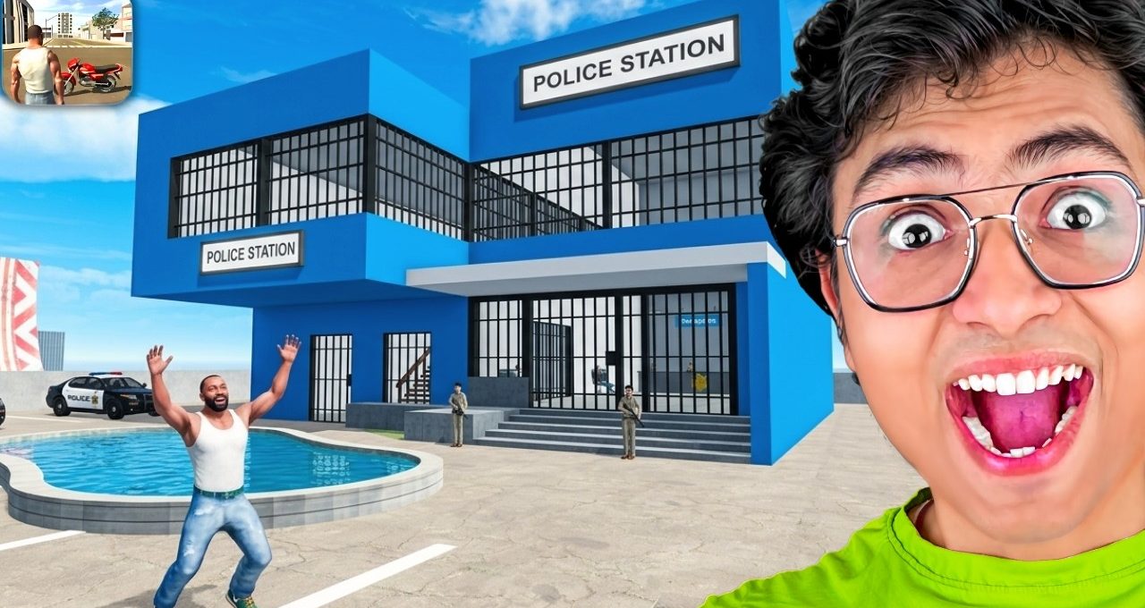 Excited man selfie beside bright blue police station with another man celebrating outside