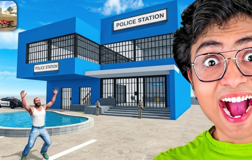 Excited man selfie beside bright blue police station with another man celebrating outside