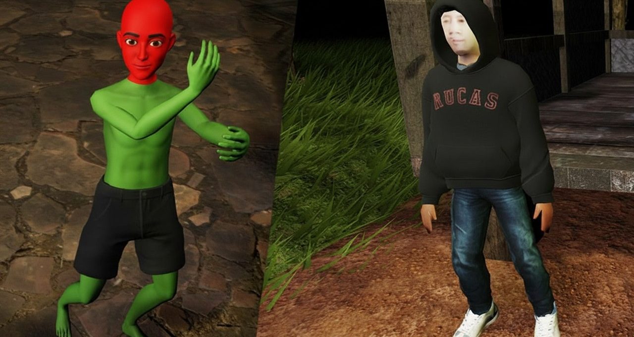 Two stylized characters: a green-skinned dancer and a hooded person standing outdoors