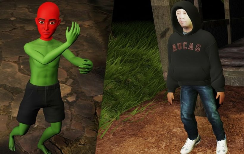 Two stylized characters: a green-skinned dancer and a hooded person standing outdoors