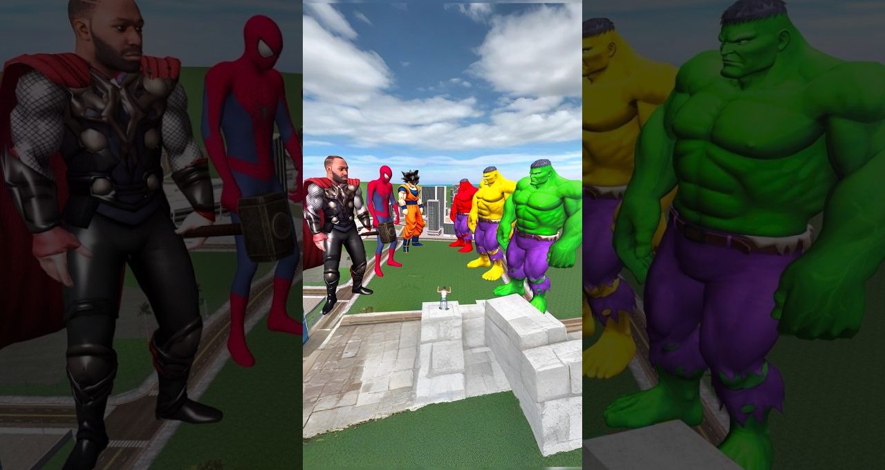 Tiny person standing on rooftop surrounded by giant superheroes and hulks in city