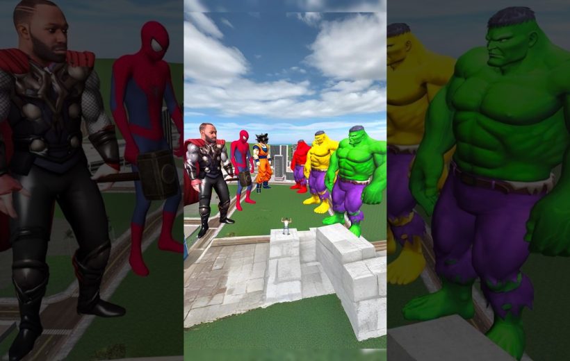 Tiny person standing on rooftop surrounded by giant superheroes and hulks in city