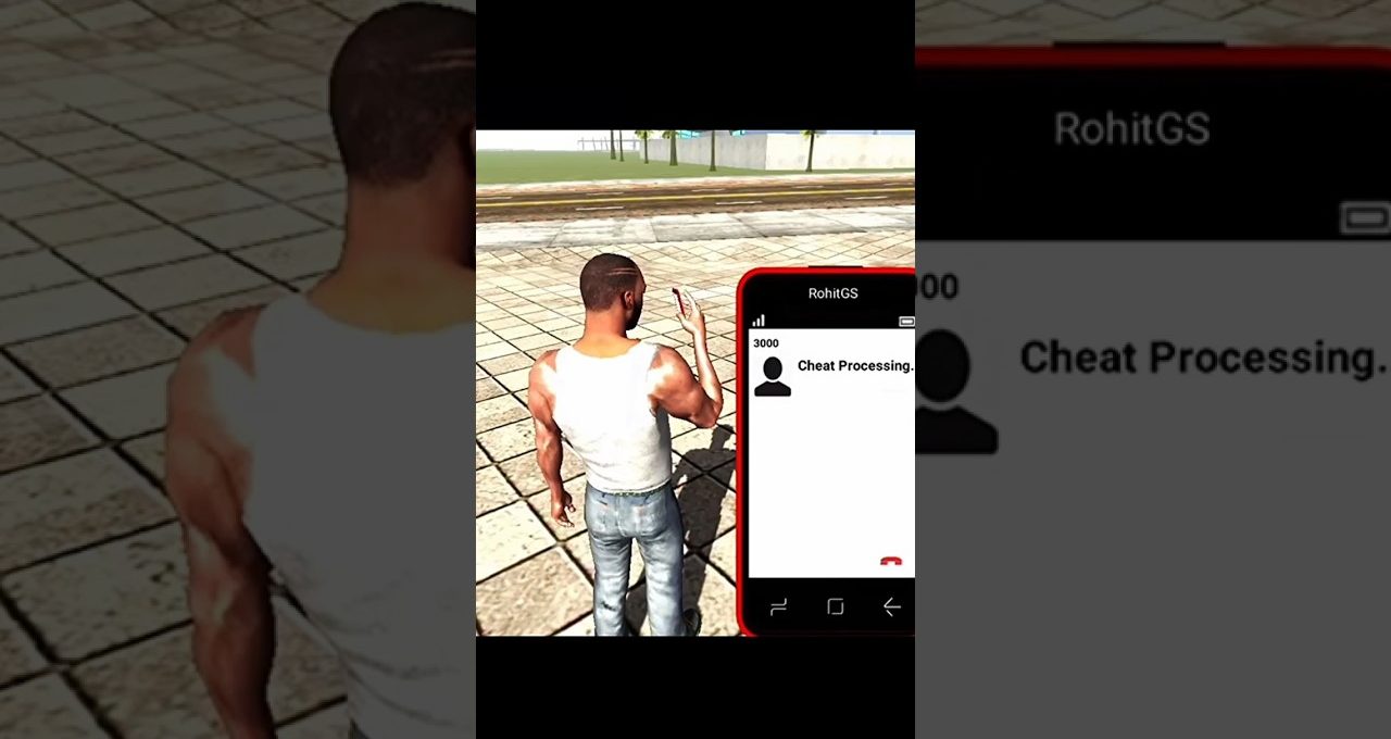 Video game character holding a phone with incoming call labeled "Cheat Processing" in city plaza
