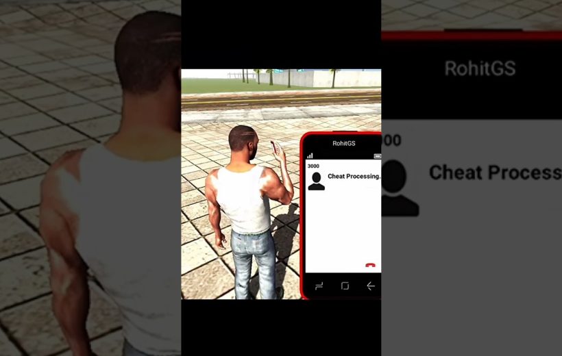 Video game character holding a phone with incoming call labeled "Cheat Processing" in city plaza
