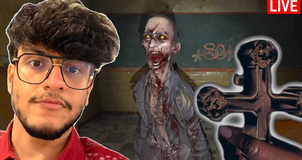 Young man beside a screaming zombie in a dim hallway with a hand holding a cross