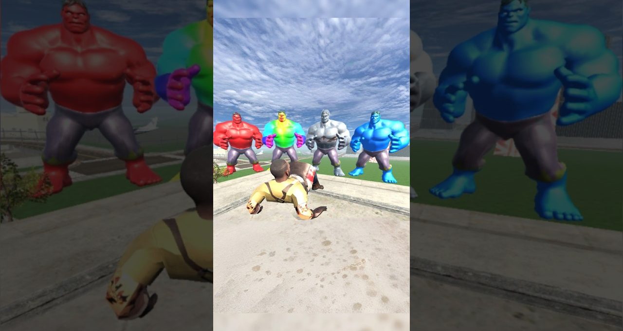 Person on ground facing five oversized colorful muscular figures under cloudy sky