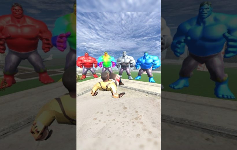 Person on ground facing five oversized colorful muscular figures under cloudy sky
