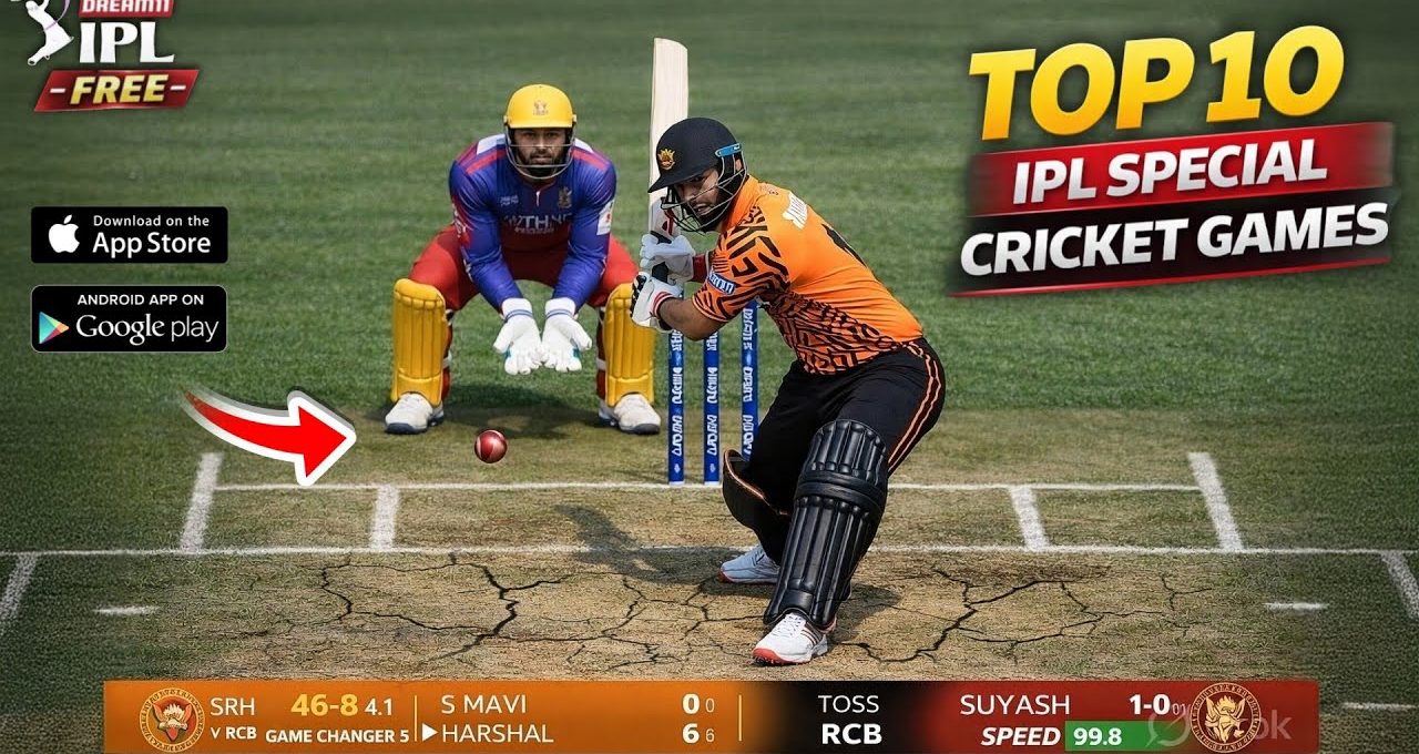Batsman playing a shot with wicketkeeper behind on cracked cricket pitch, IPL graphics.