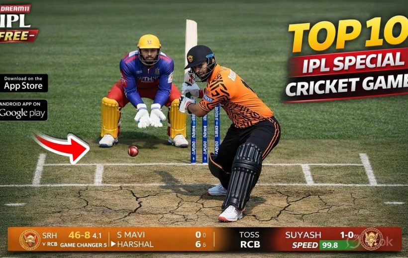 Batsman playing a shot with wicketkeeper behind on cracked cricket pitch, IPL graphics.
