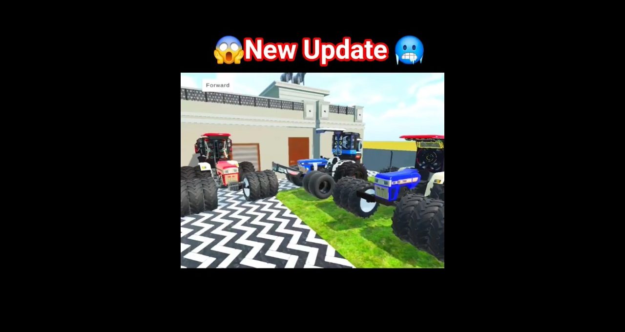 Several colorful monster trucks parked on patterned driveway and grassy yard beside building