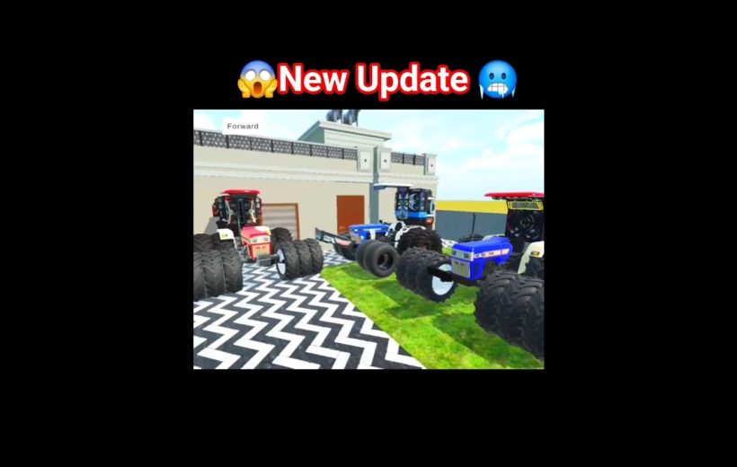 Several colorful monster trucks parked on patterned driveway and grassy yard beside building