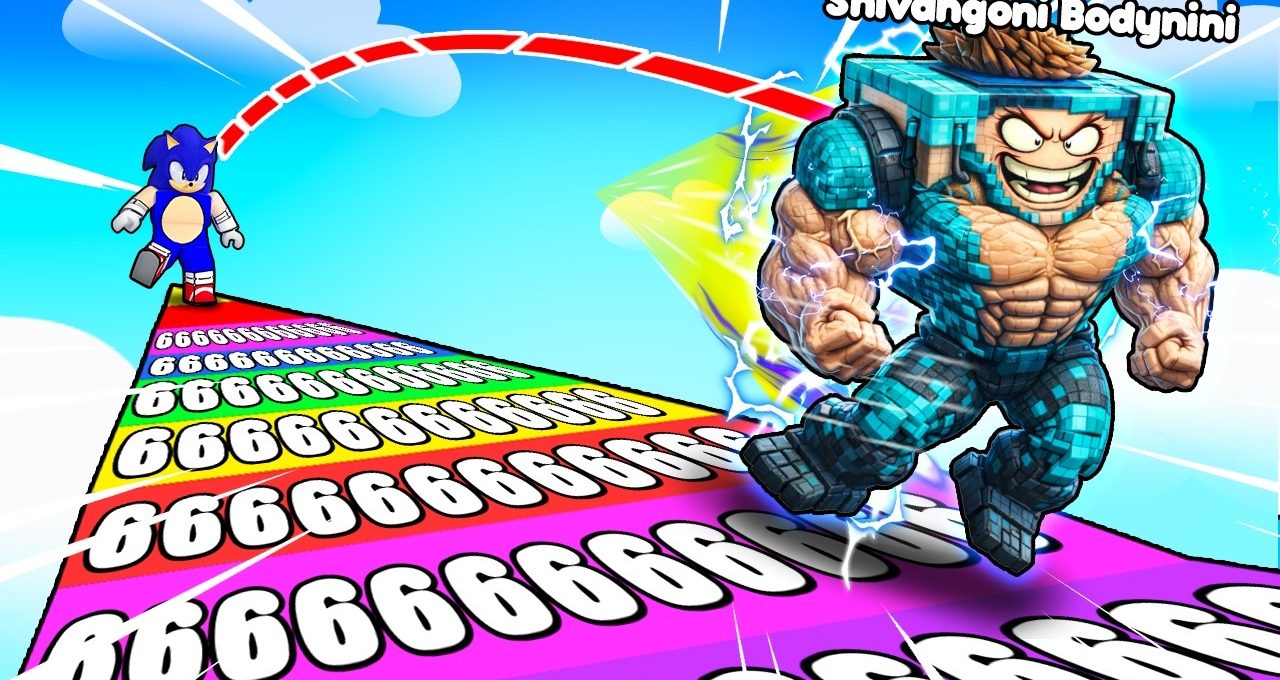 Cartoon Sonic running toward muscular blocky character on colorful numbered ramp in sky