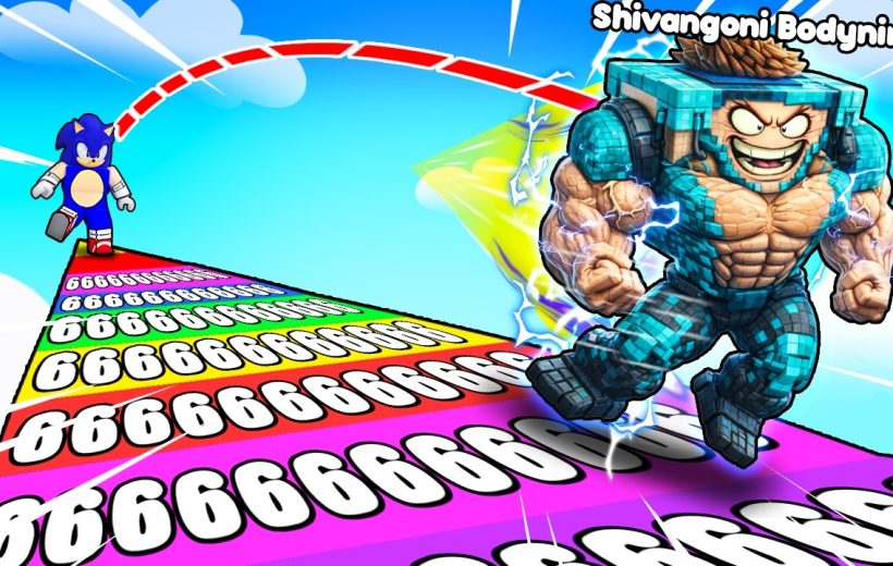 Cartoon Sonic running toward muscular blocky character on colorful numbered ramp in sky