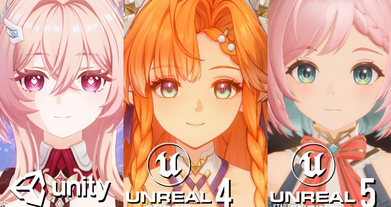 Three anime-style female characters side-by-side labeled Unity, Unreal Engine 4, and Unreal 5