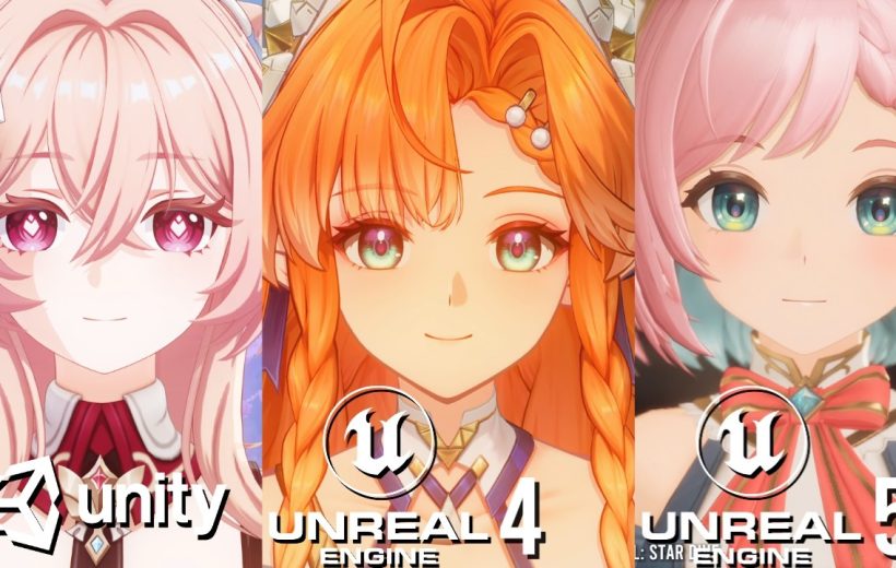 Three anime-style female characters side-by-side labeled Unity, Unreal Engine 4, and Unreal 5