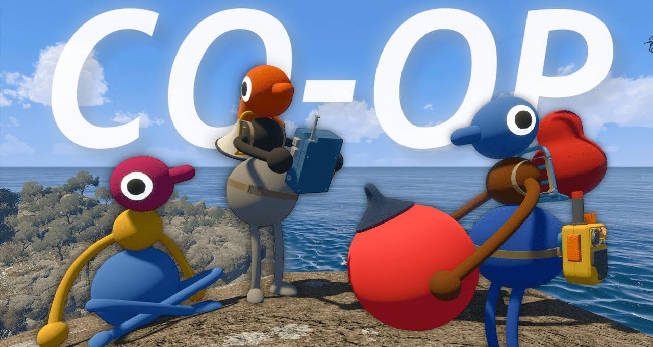 Colorful cartoon characters on a cliff by the sea with large "CO‑OP" text
