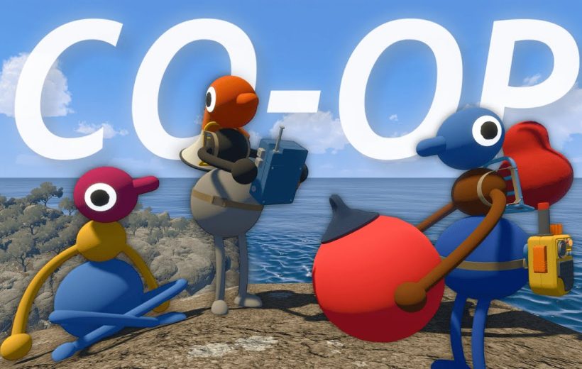 Colorful cartoon characters on a cliff by the sea with large "CO‑OP" text