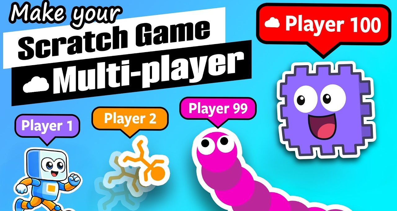 Colorful thumbnail showing friendly game avatars and player labels for multiplayer Scratch game