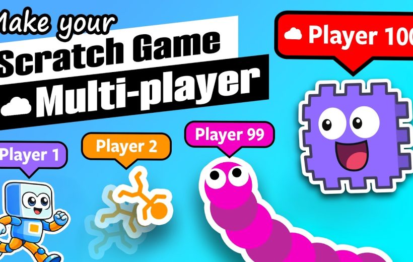 Colorful thumbnail showing friendly game avatars and player labels for multiplayer Scratch game