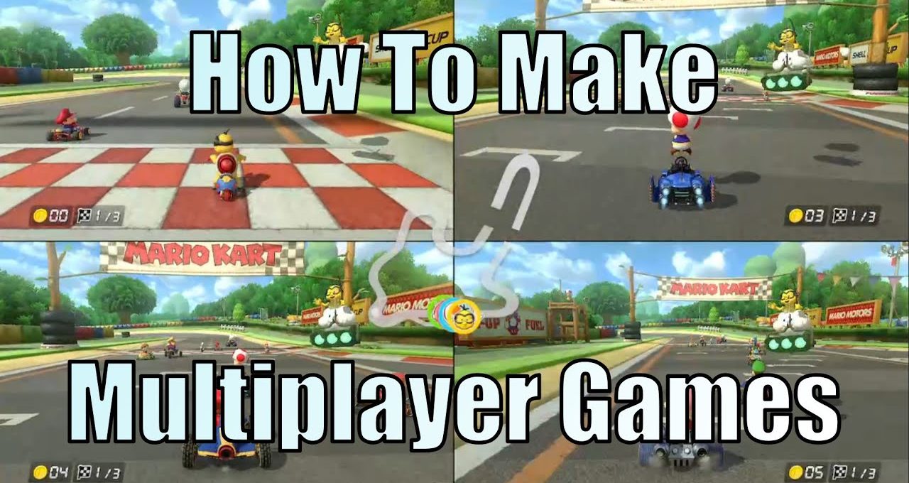 Four-player Mario Kart split-screen race with karts on a bright racetrack.