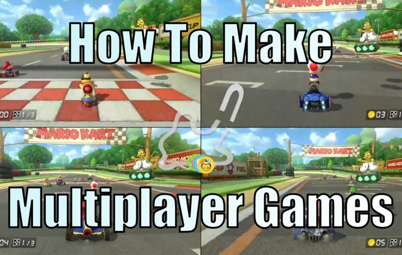 Four-player Mario Kart split-screen race with karts on a bright racetrack.