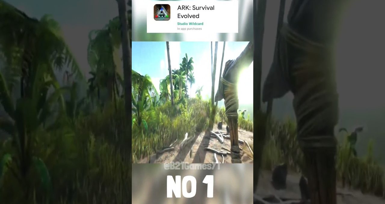 First-person view of a player walking through a tropical island in ARK survival game