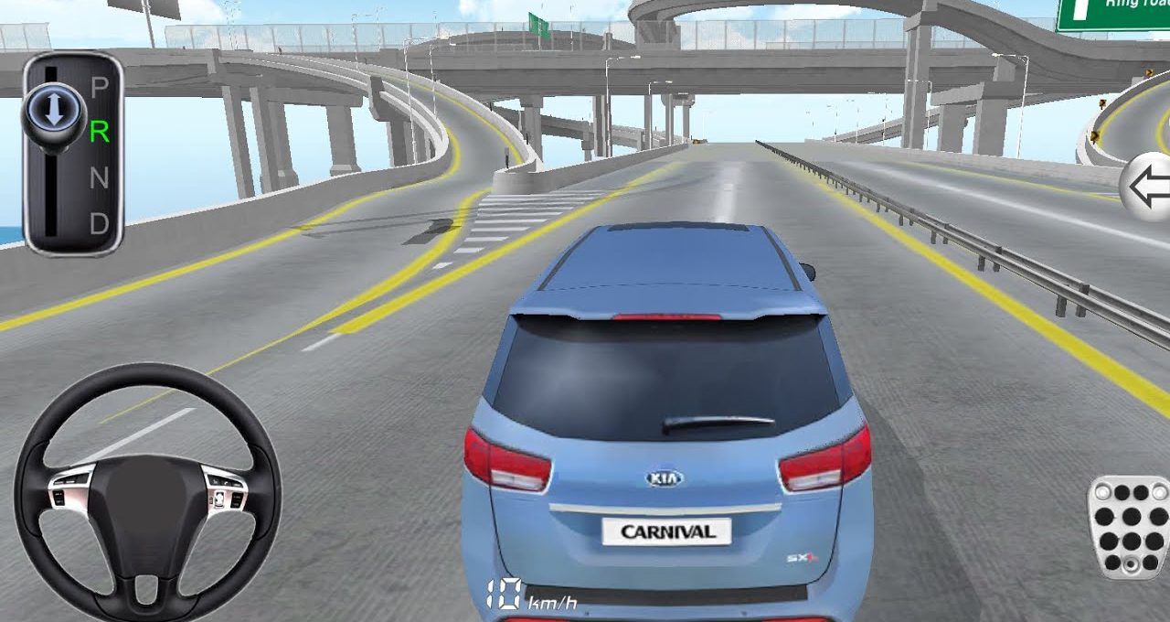 Blue Kia Carnival driving on elevated multi-lane highway in a driving simulator game