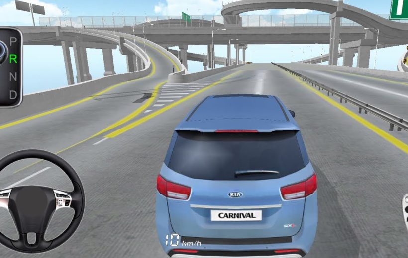 Blue Kia Carnival driving on elevated multi-lane highway in a driving simulator game