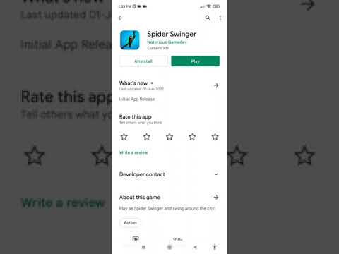 Smartphone screen showing Google Play page for a game titled "Spider Swinger" with install button