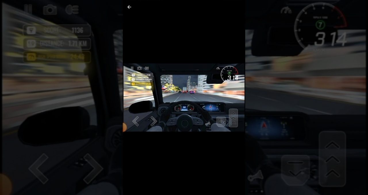 First-person view of a car dashboard racing through a blurred city at high speed