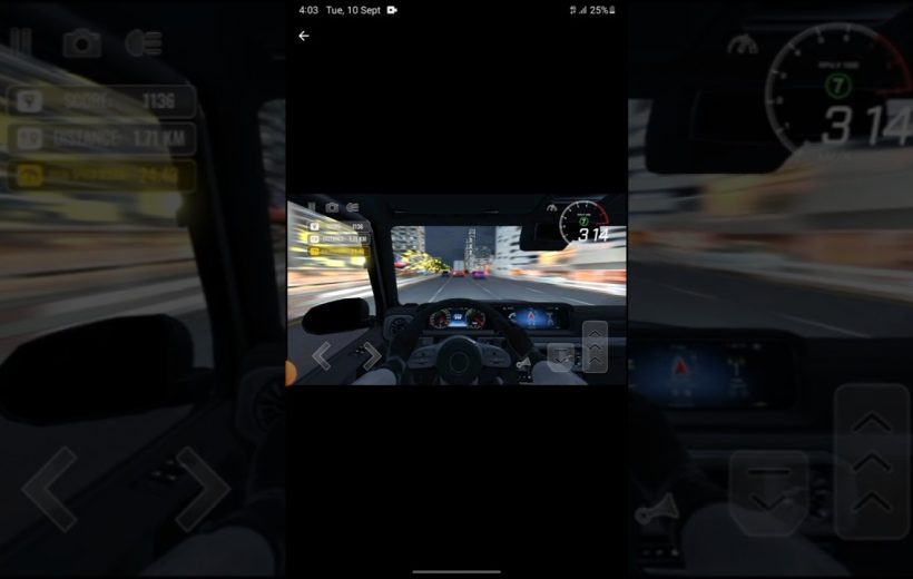 First-person view of a car dashboard racing through a blurred city at high speed