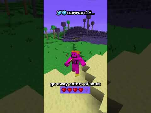 Minecraft character in pink armor standing on sand with caption and hearts display
