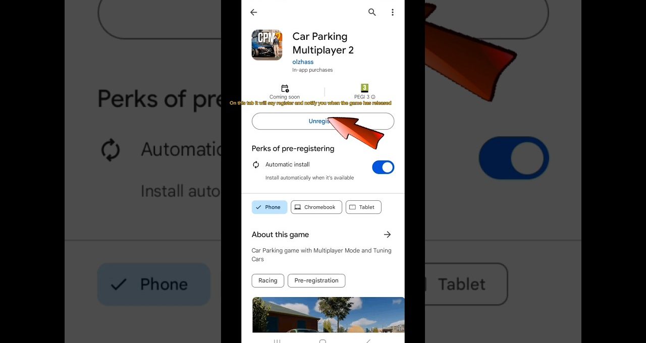 Google Play pre-registration page for "Car Parking Multiplayer 2" with automatic install toggle.