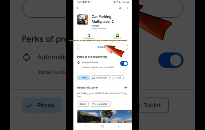 Google Play pre-registration page for "Car Parking Multiplayer 2" with automatic install toggle.