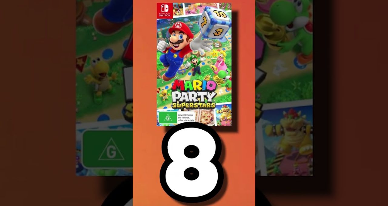 Mario Party Superstars game cover above a large white number eight on orange background