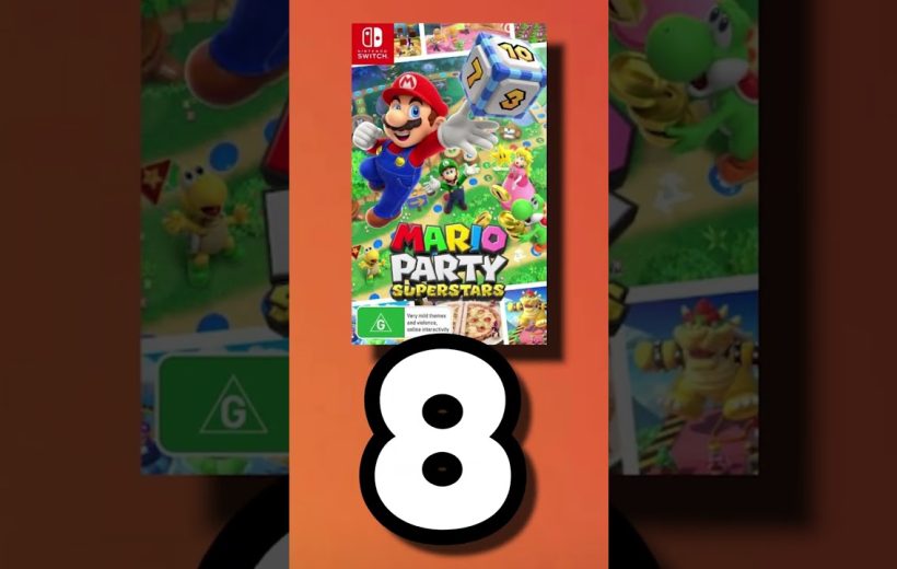 Mario Party Superstars game cover above a large white number eight on orange background