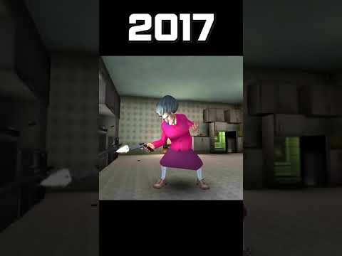Elderly woman in a pink dress swinging a frying pan inside a dim kitchen.