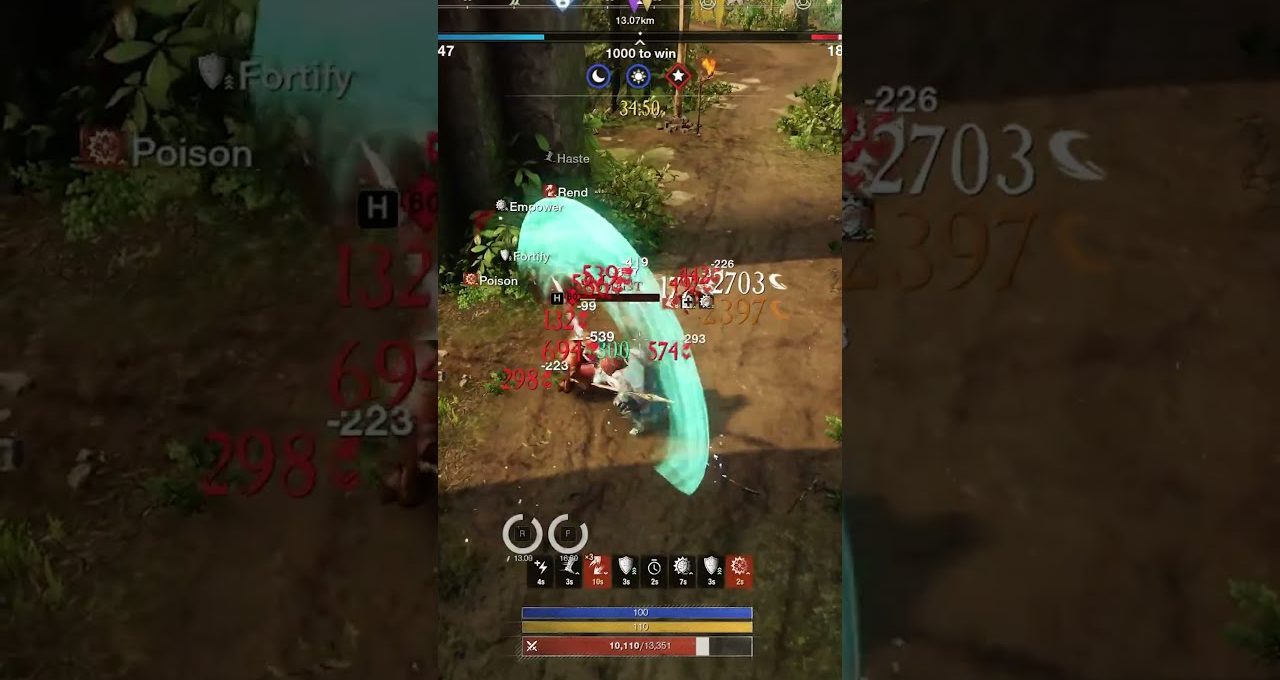 Third-person RPG combat screenshot showing a player attacking enemies with a blue slash effect
