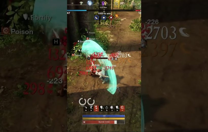 Third-person RPG combat screenshot showing a player attacking enemies with a blue slash effect