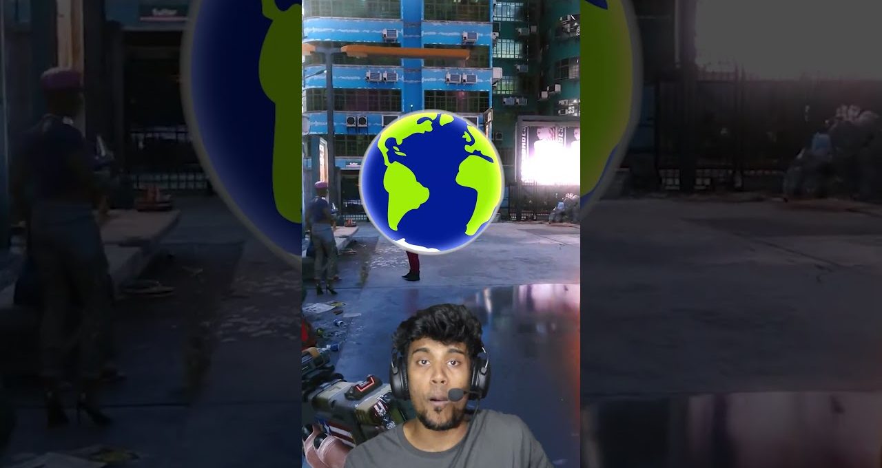 Streamer wearing headset overlays augmented globe graphic in urban outdoor construction scene