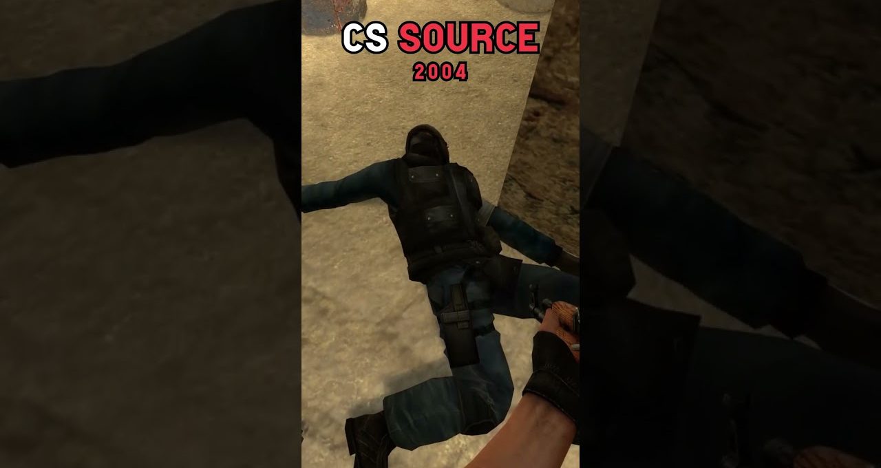 Player view of a fallen Counter-Strike Source soldier on snowy ground, 2004 text visible