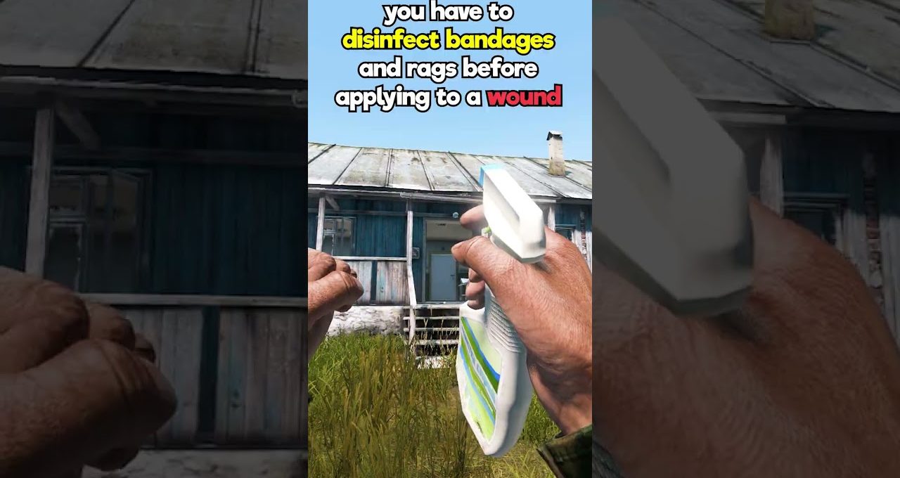 Hands holding a spray bottle and rag in front of a weathered wooden house