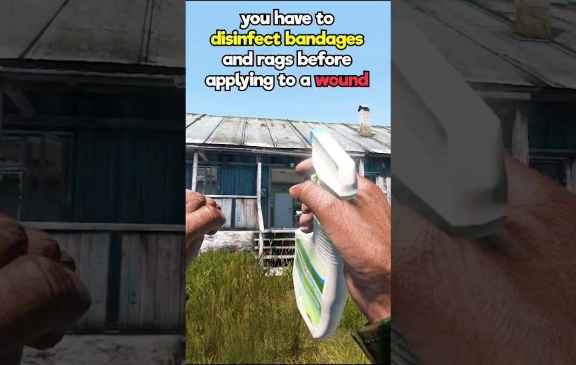 Hands holding a spray bottle and rag in front of a weathered wooden house