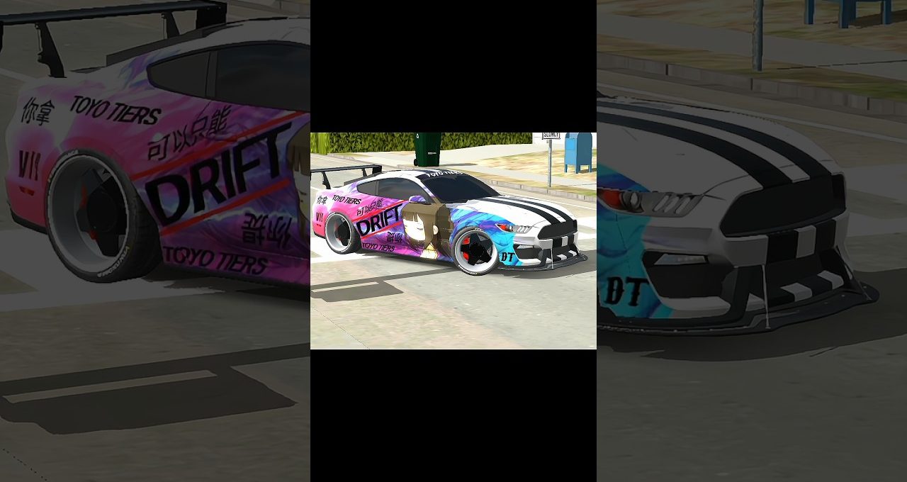 Street parked drift car with colorful anime-themed vinyl wrap and racing stripes