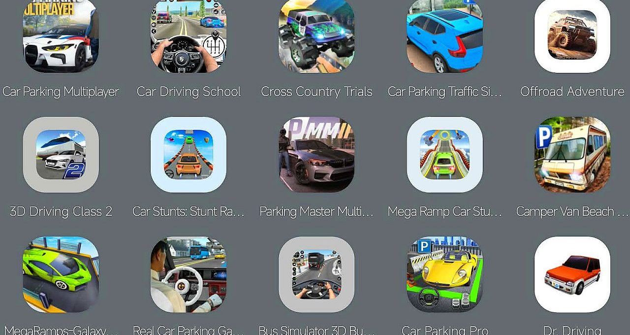Grid of colorful mobile car game app icons with varied vehicle illustrations and titles.