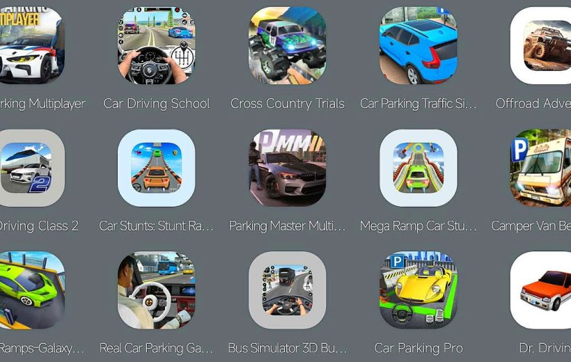 Grid of colorful mobile car game app icons with varied vehicle illustrations and titles.
