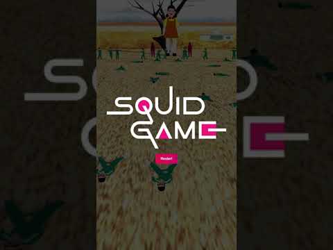 Mobile game title screen showing "Squid Game" logo over a field with masked guards