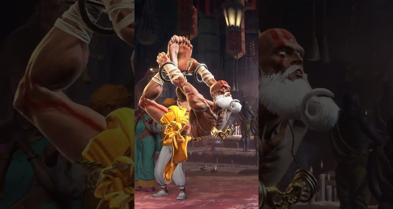 Bearded martial artist in yellow sash performing an acrobatic bound-foot kick in temple