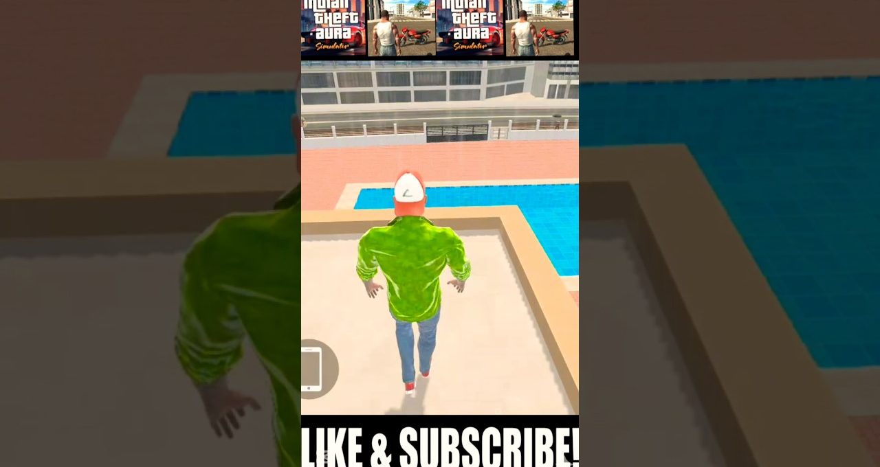 Third-person game character in green jacket walking on rooftop beside a swimming pool