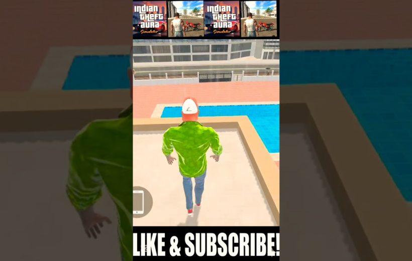 Third-person game character in green jacket walking on rooftop beside a swimming pool